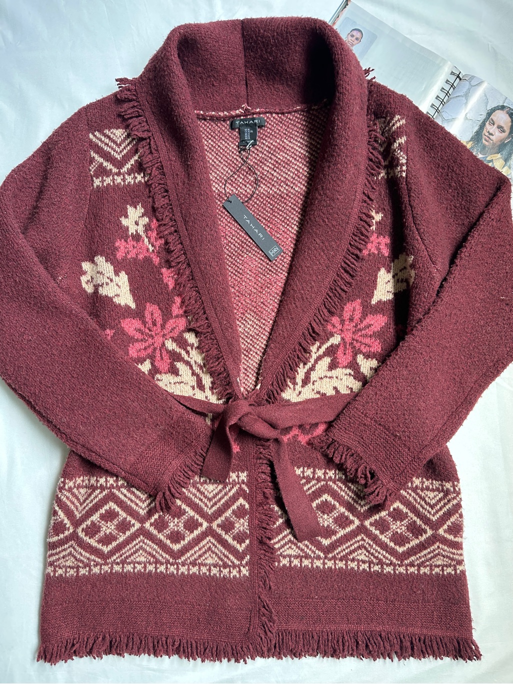 Tahari Burgundy Floral & Fair Isle Shawl Collar Cardigan